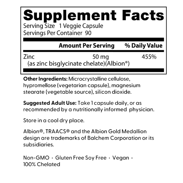 Zinc Bisglycinate 100% Chelated 50 Mg 90 Cap